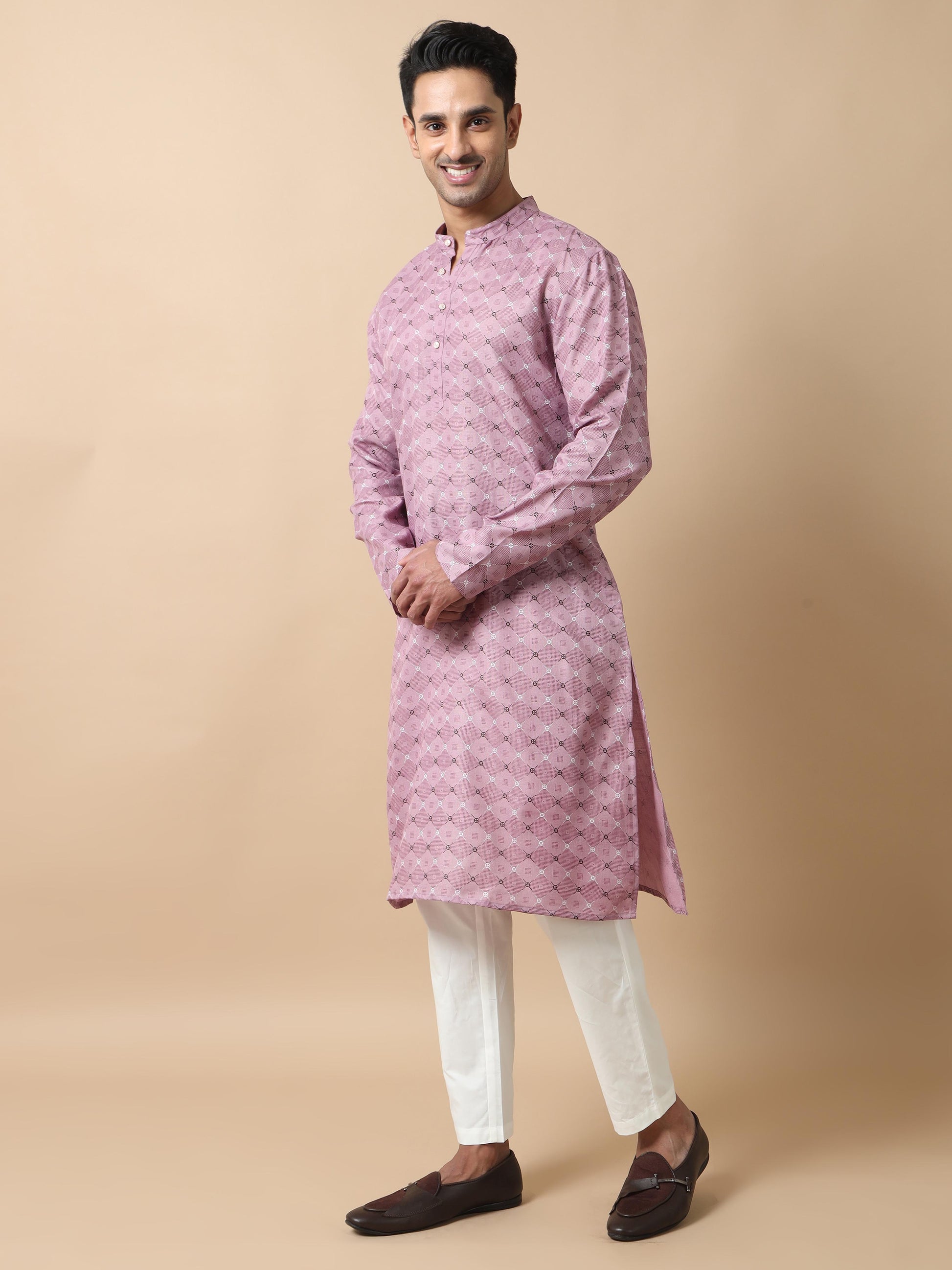 Fabric Lavender Printed Long Kurta for Men