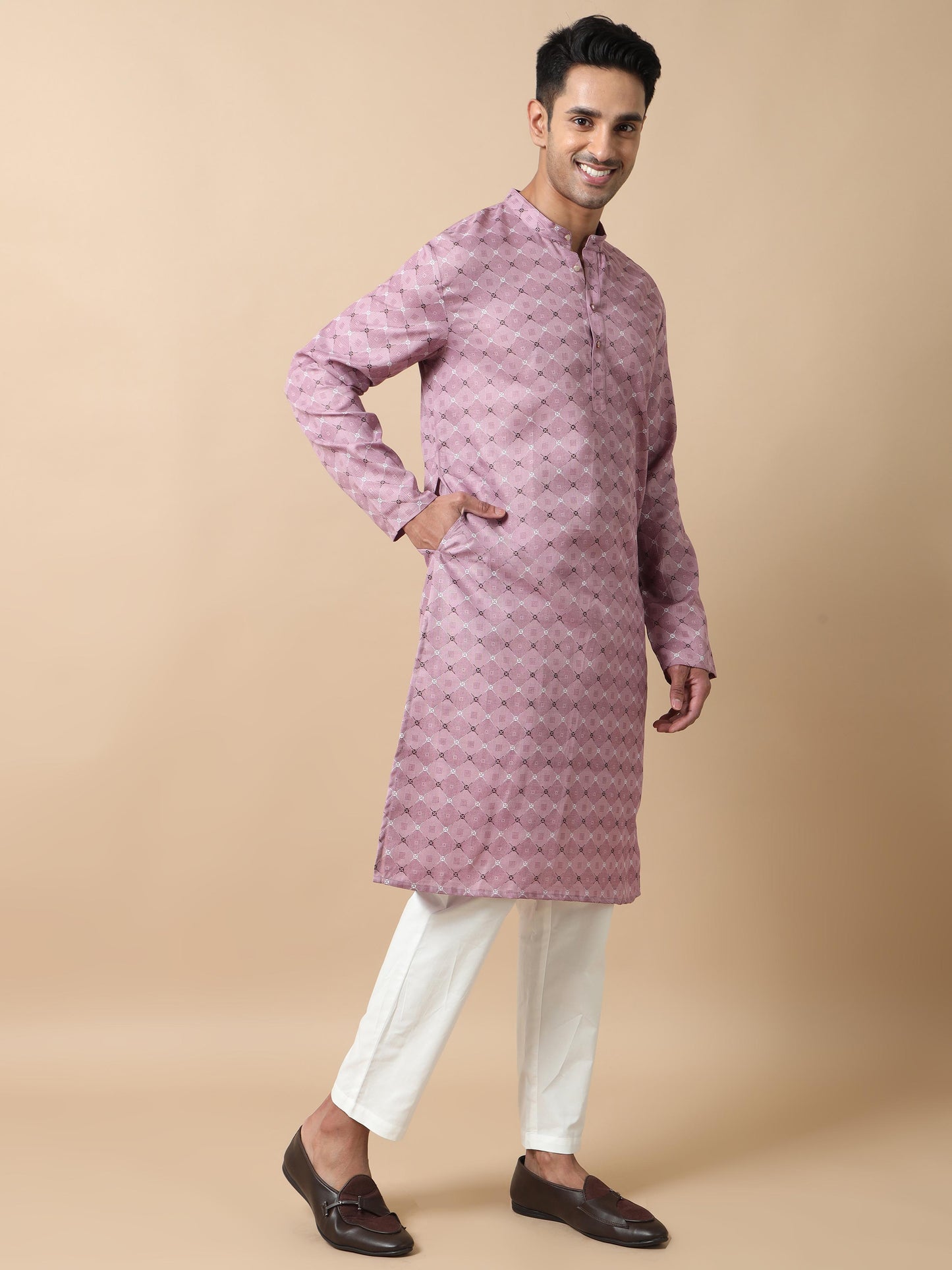 Fabric Lavender Printed Long Kurta for Men