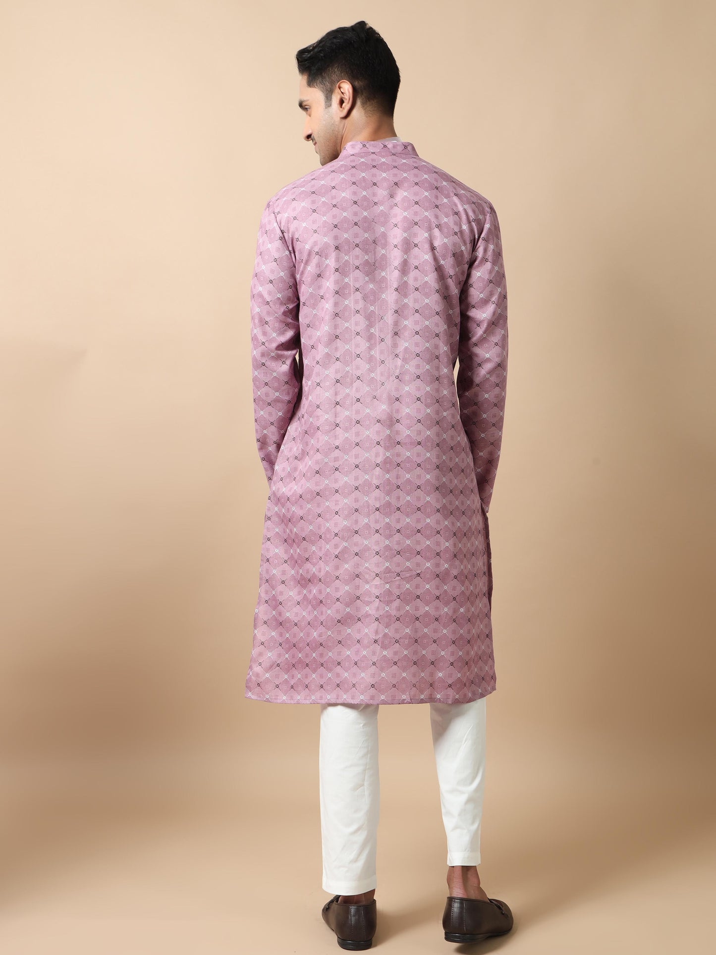 Fabric Lavender Printed Long Kurta for Men