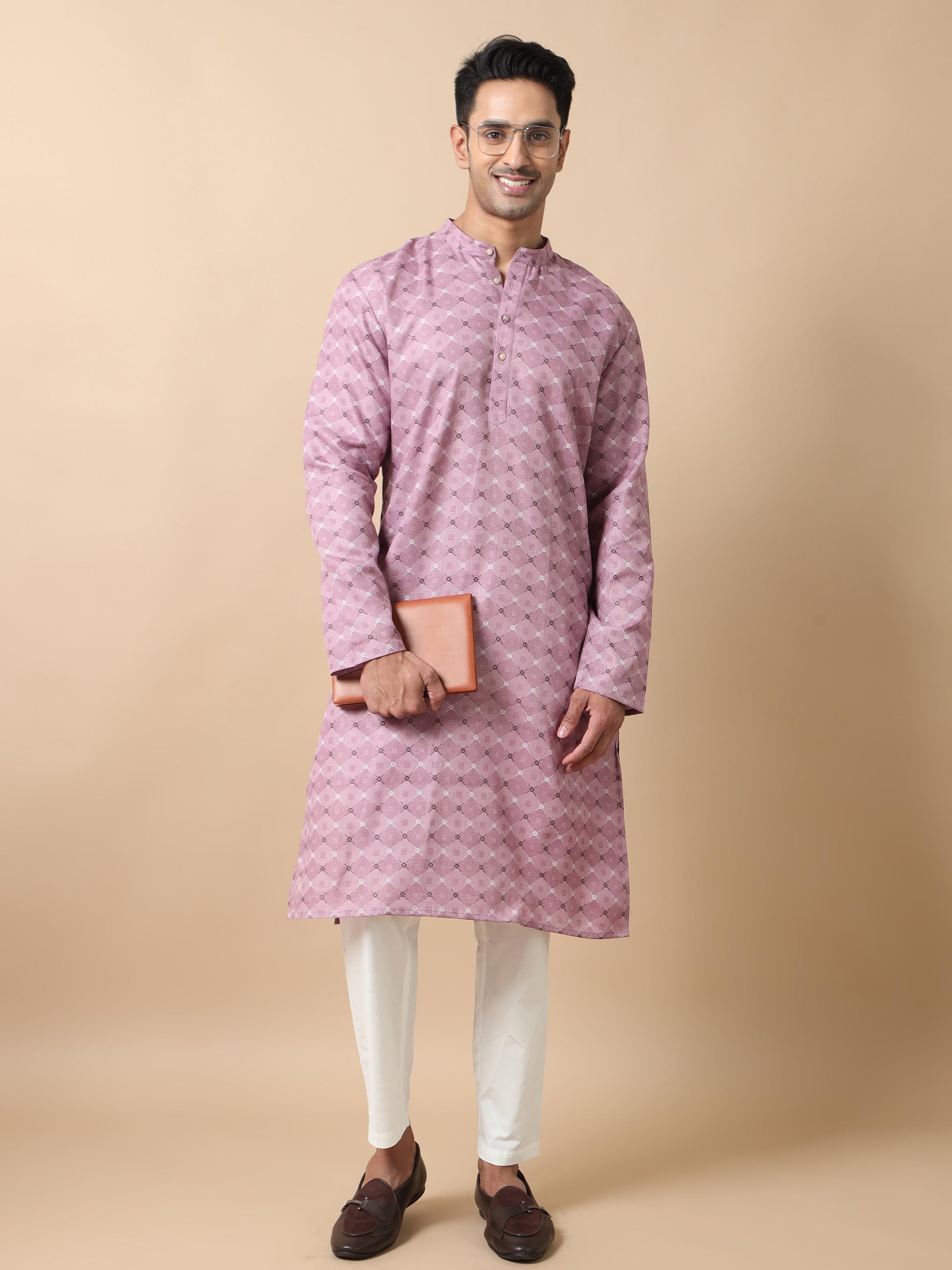 Lavender printed long kurta for men