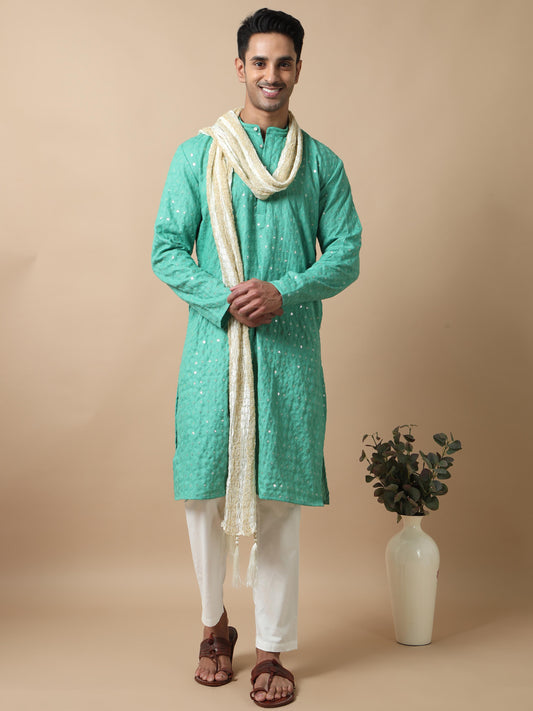 Green knee length kurta for men