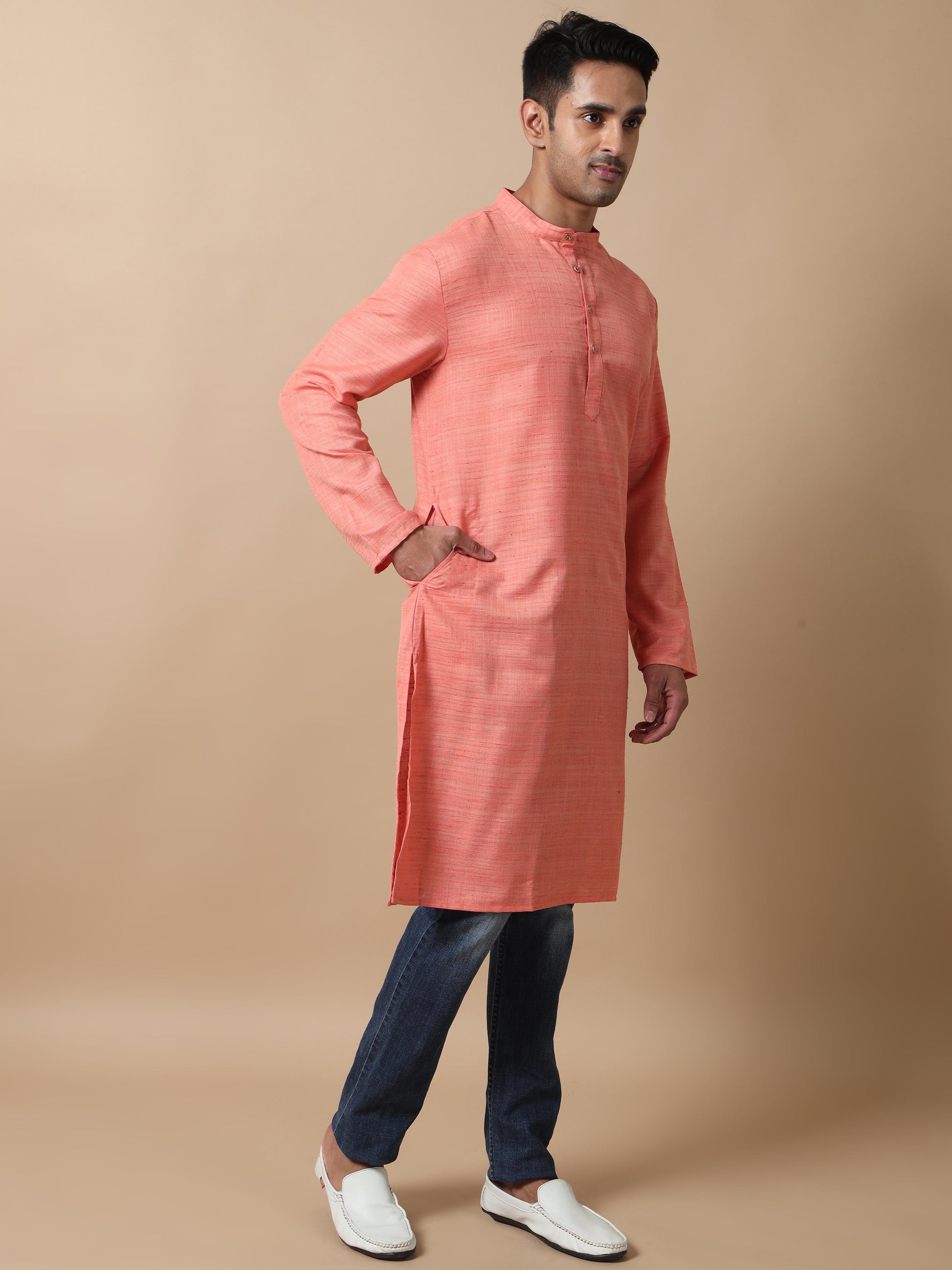 Peach Textured long kurta for men stylish