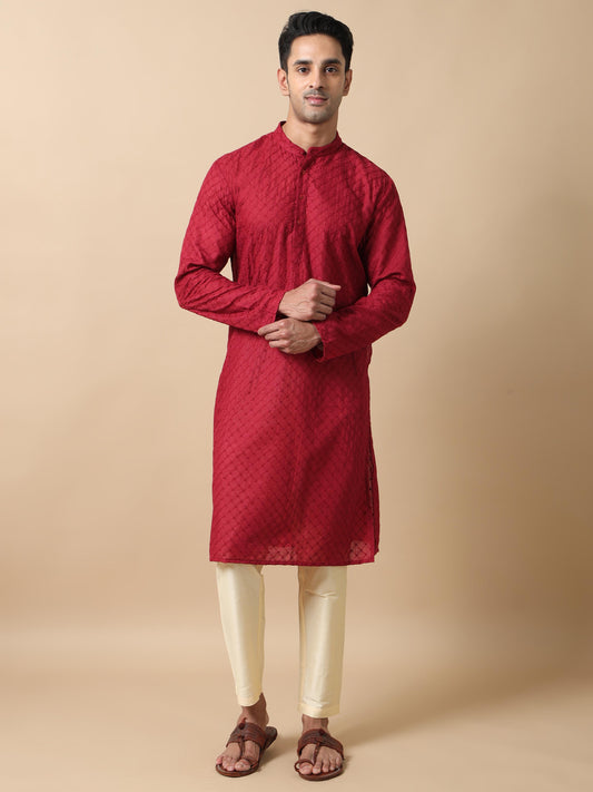 Maroon Chikankari long kurta designs for mens