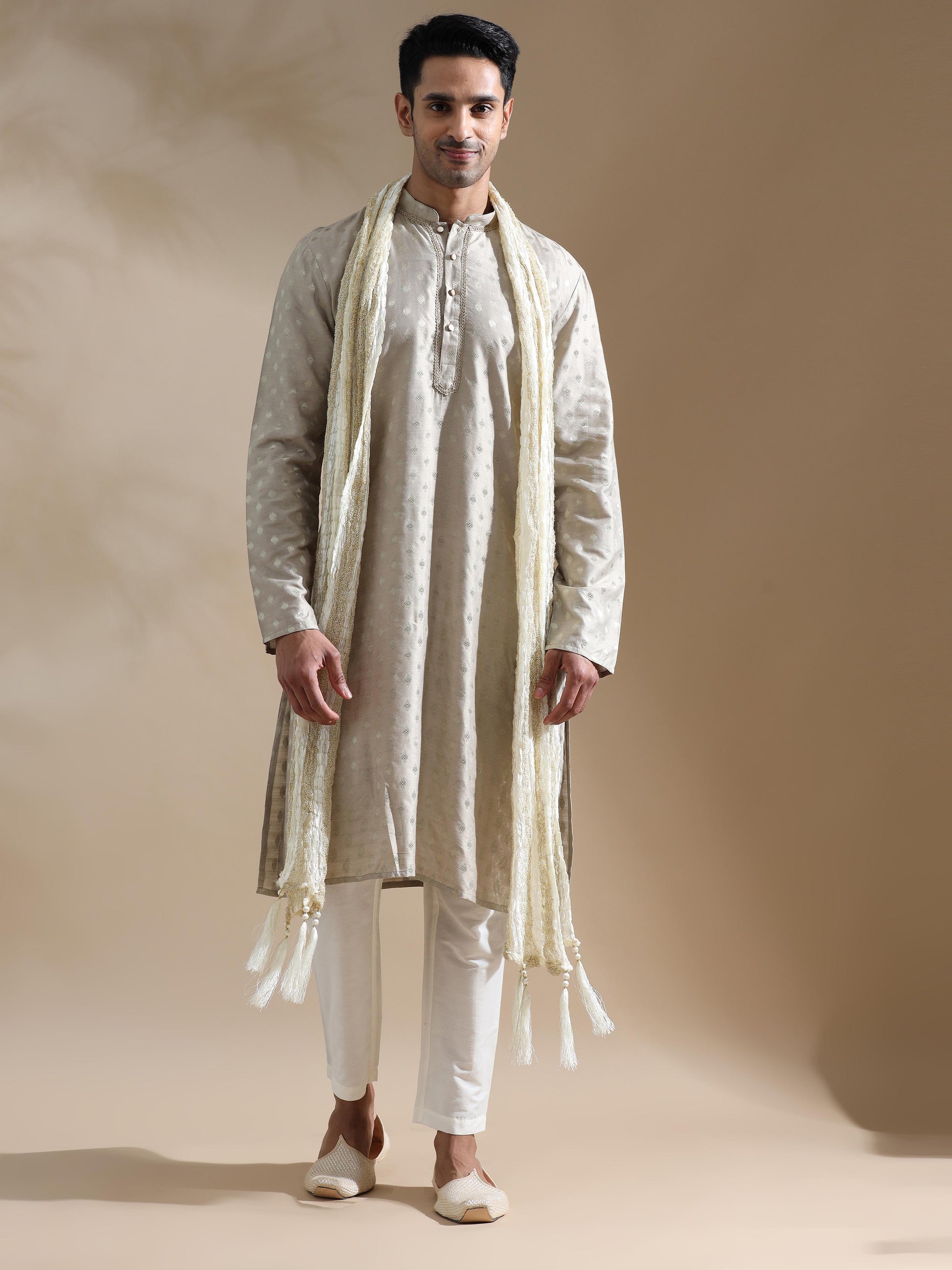 Grey mandarin collar kurta mens