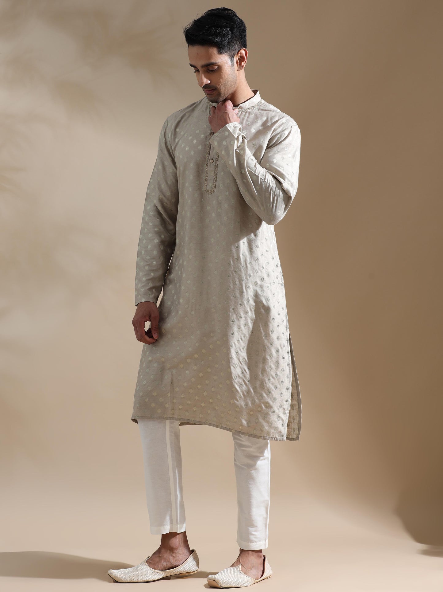 Grey mandarin collar kurta mens