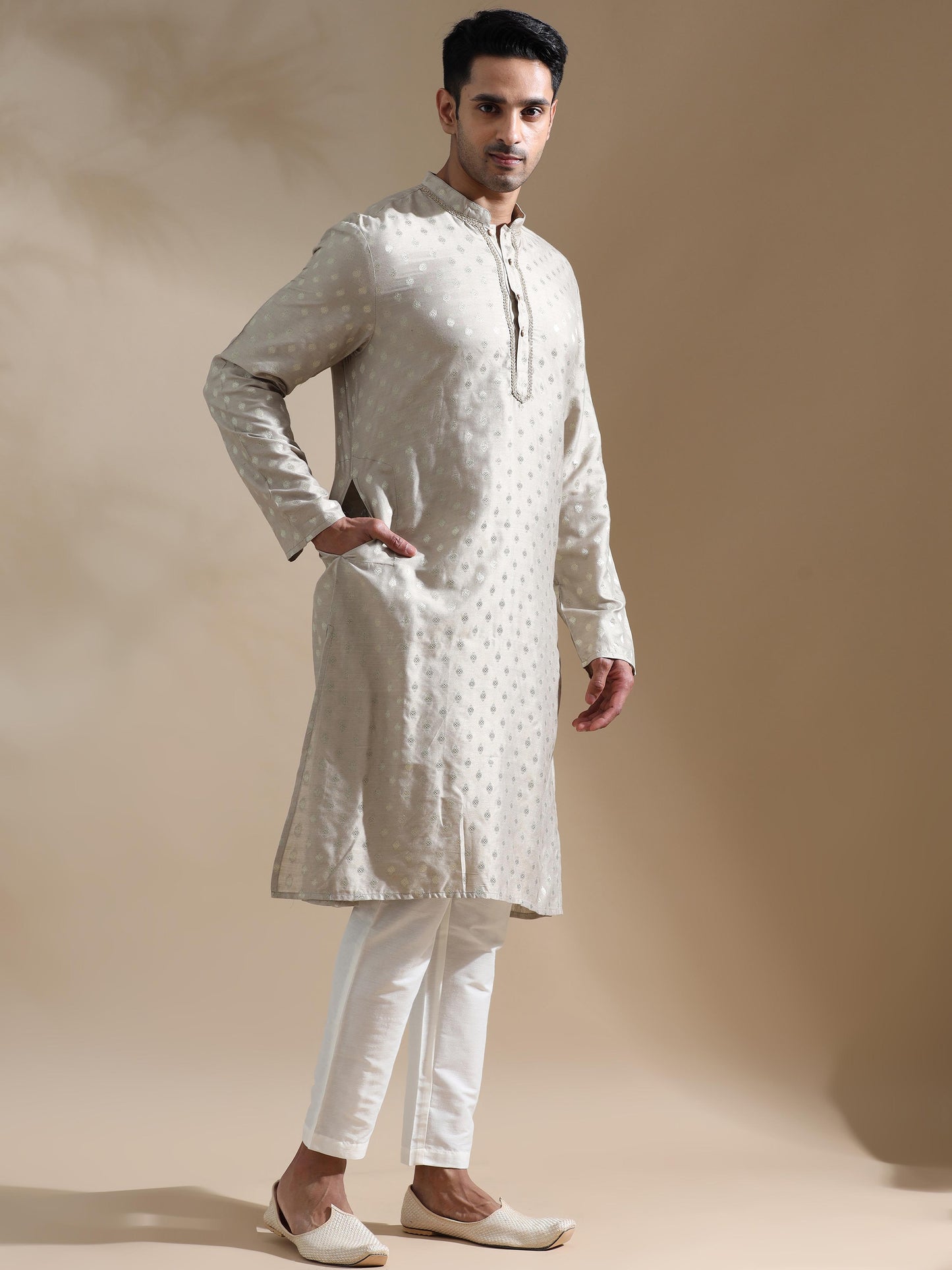 Grey mandarin collar kurta mens