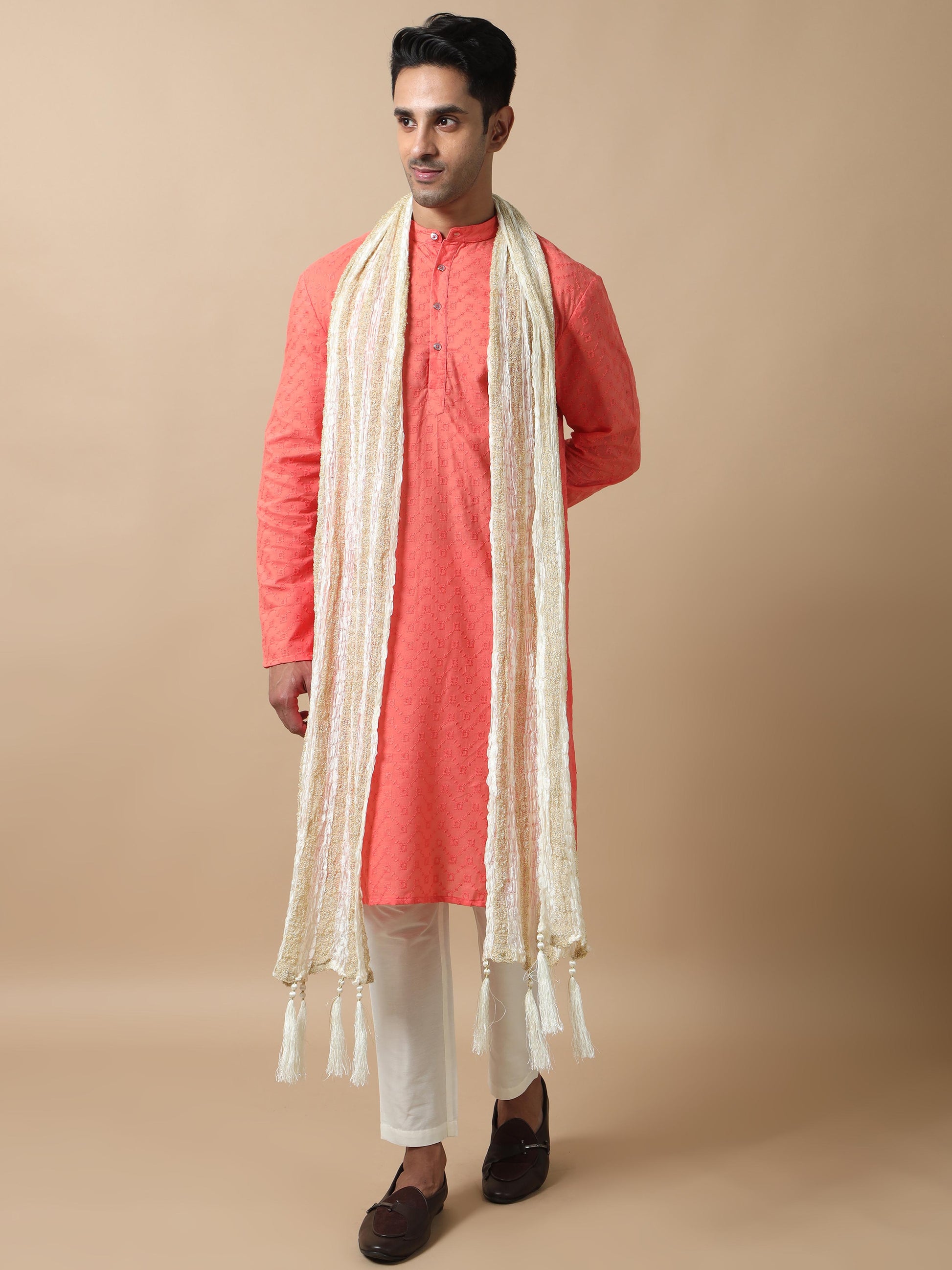 Buy Crushed White Banarasi Stole for Men Online
