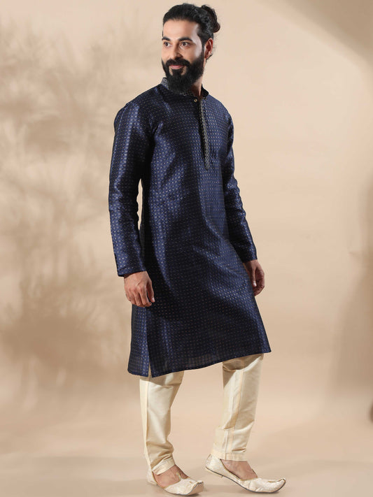 Navy Blue with Gold Embroidered Long Kurta