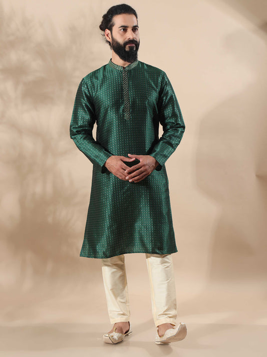 Bottle Green With Gold Embroidered Knee Length Kurta For Men