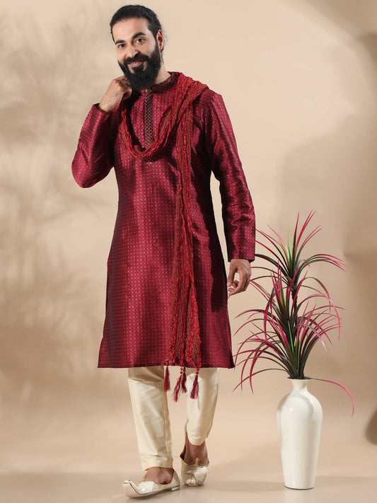 Maroon With Gold Embroidered Knee Length Kurta for Men