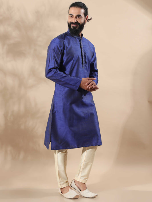 Navy Blue Embroidered long kurta for men