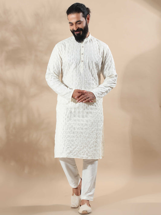 Cream Embroidery Long Kurta for Men