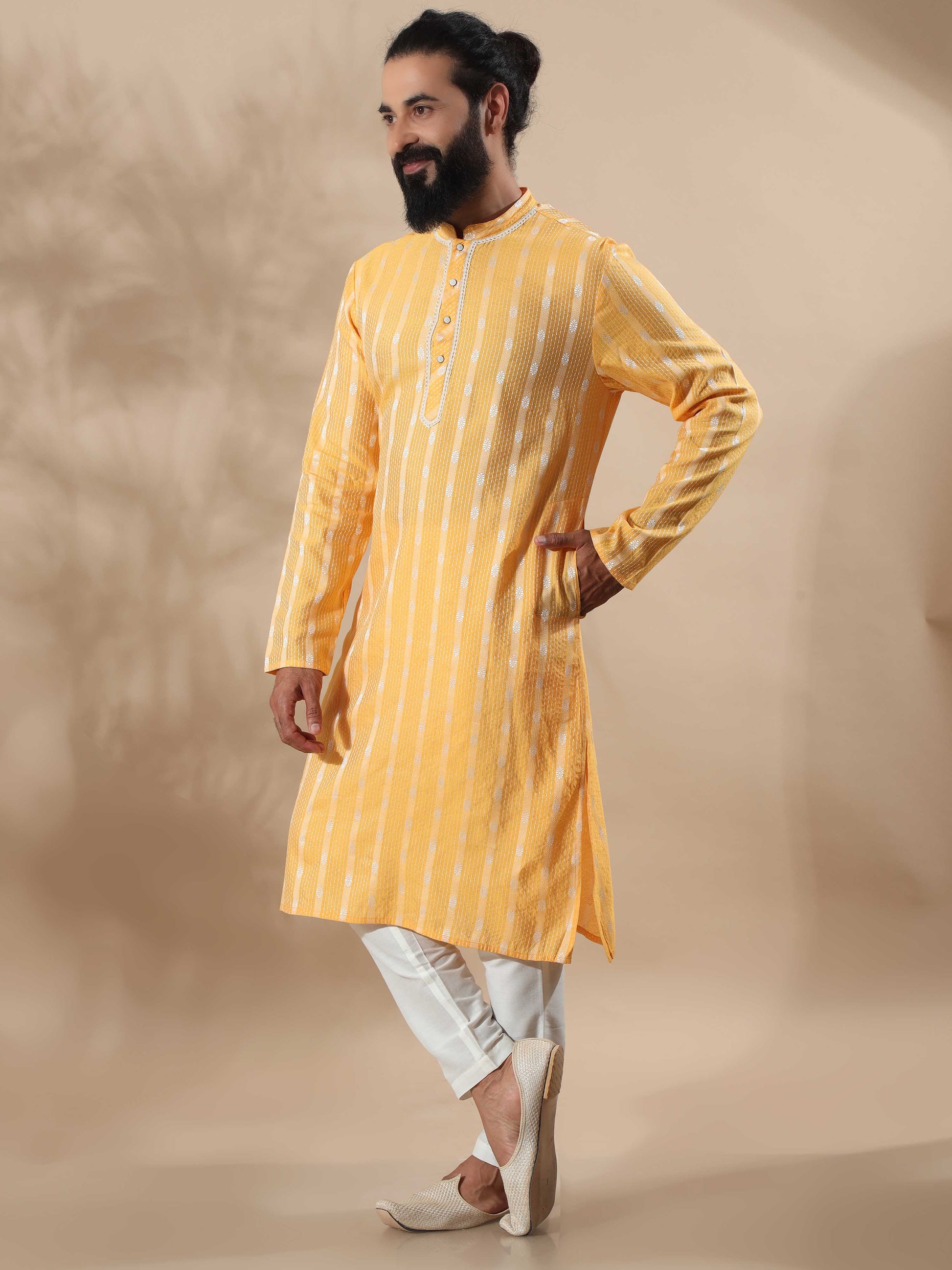 Haldi Yellow and White Banaras long kurta for men