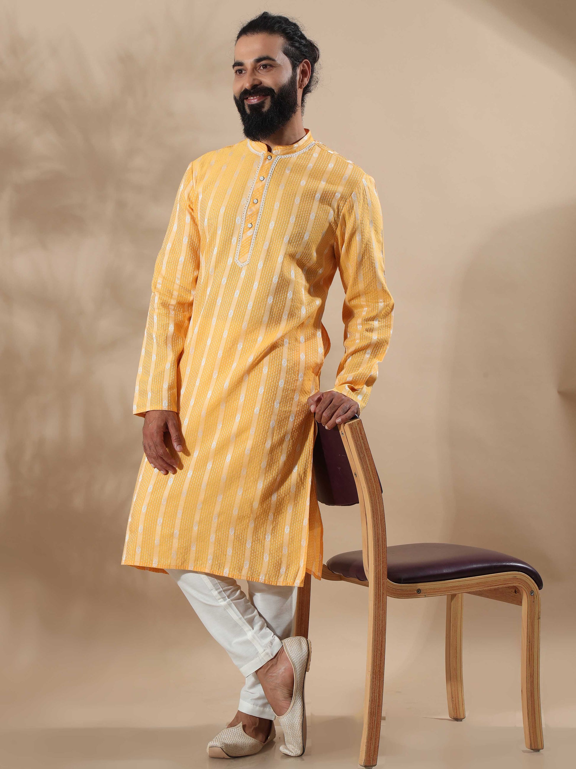 Haldi Yellow and White Banaras long kurta for men