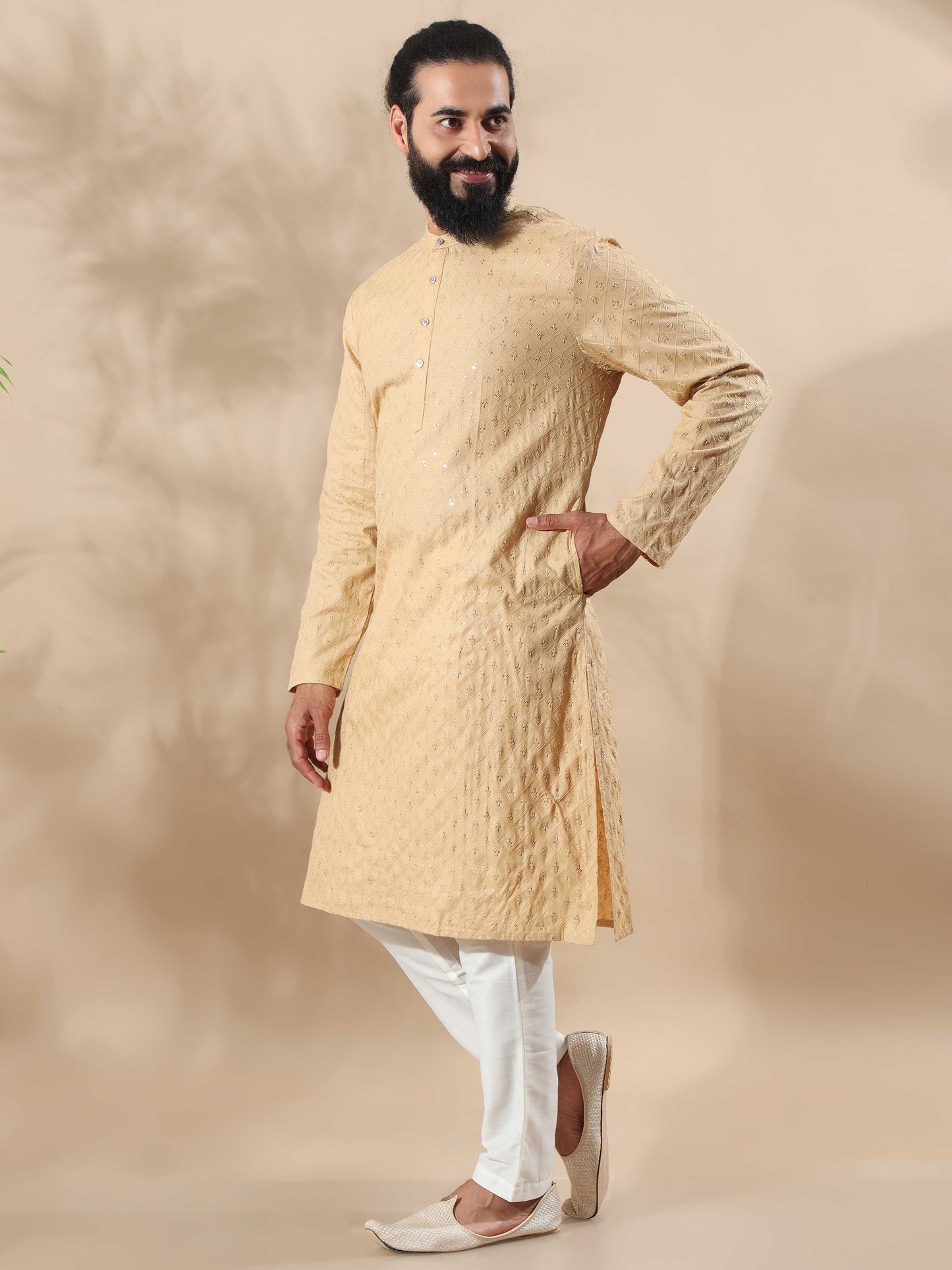 Beige Sequence gents kurta embroidery designs