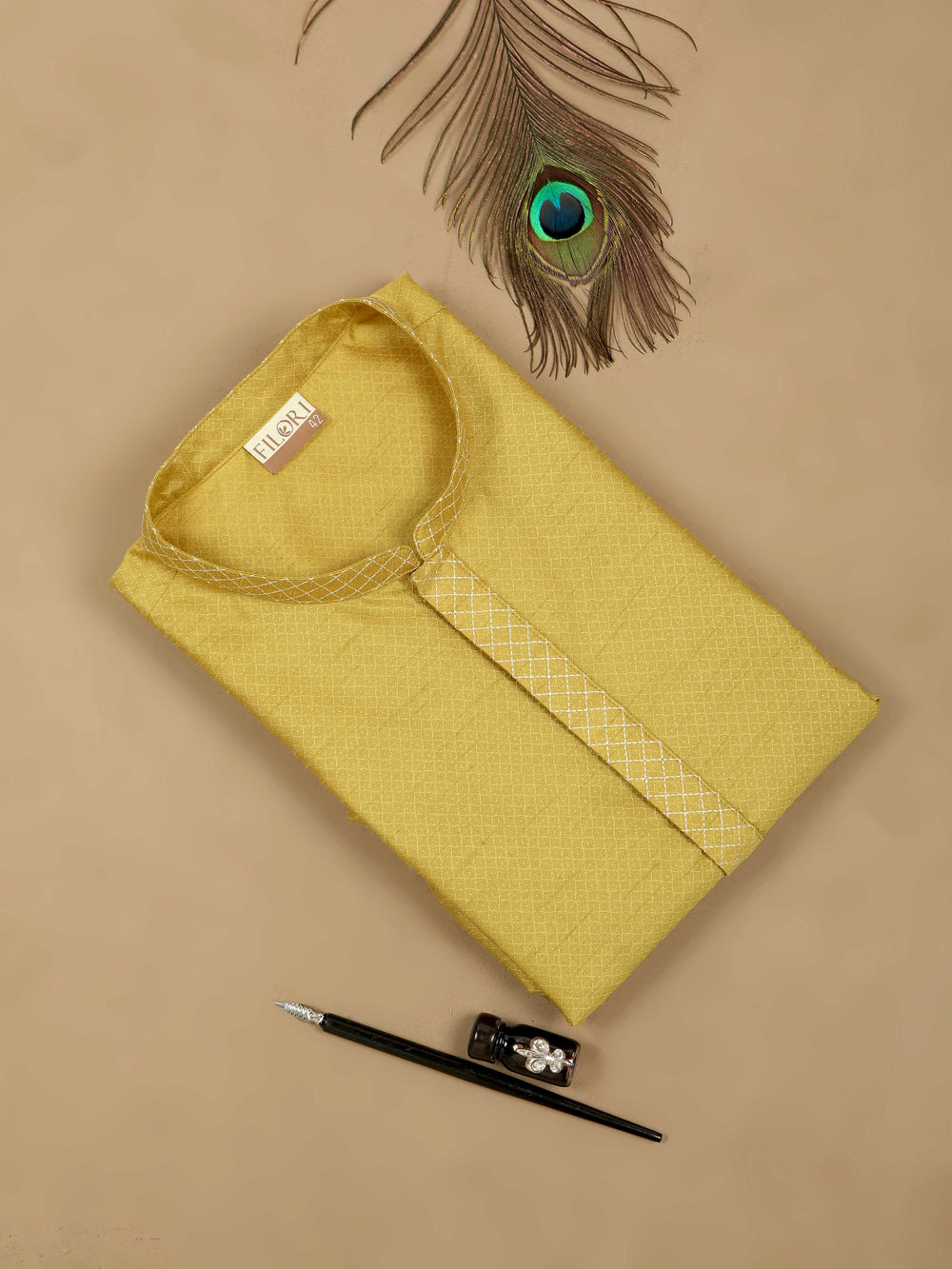 Mustard Yellow Embroidered long kurta for men