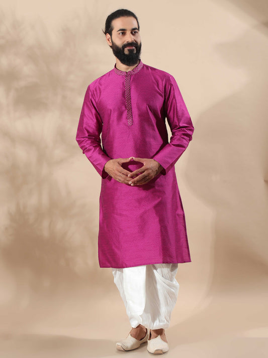 Rani Pink Embroidered long kurta for men