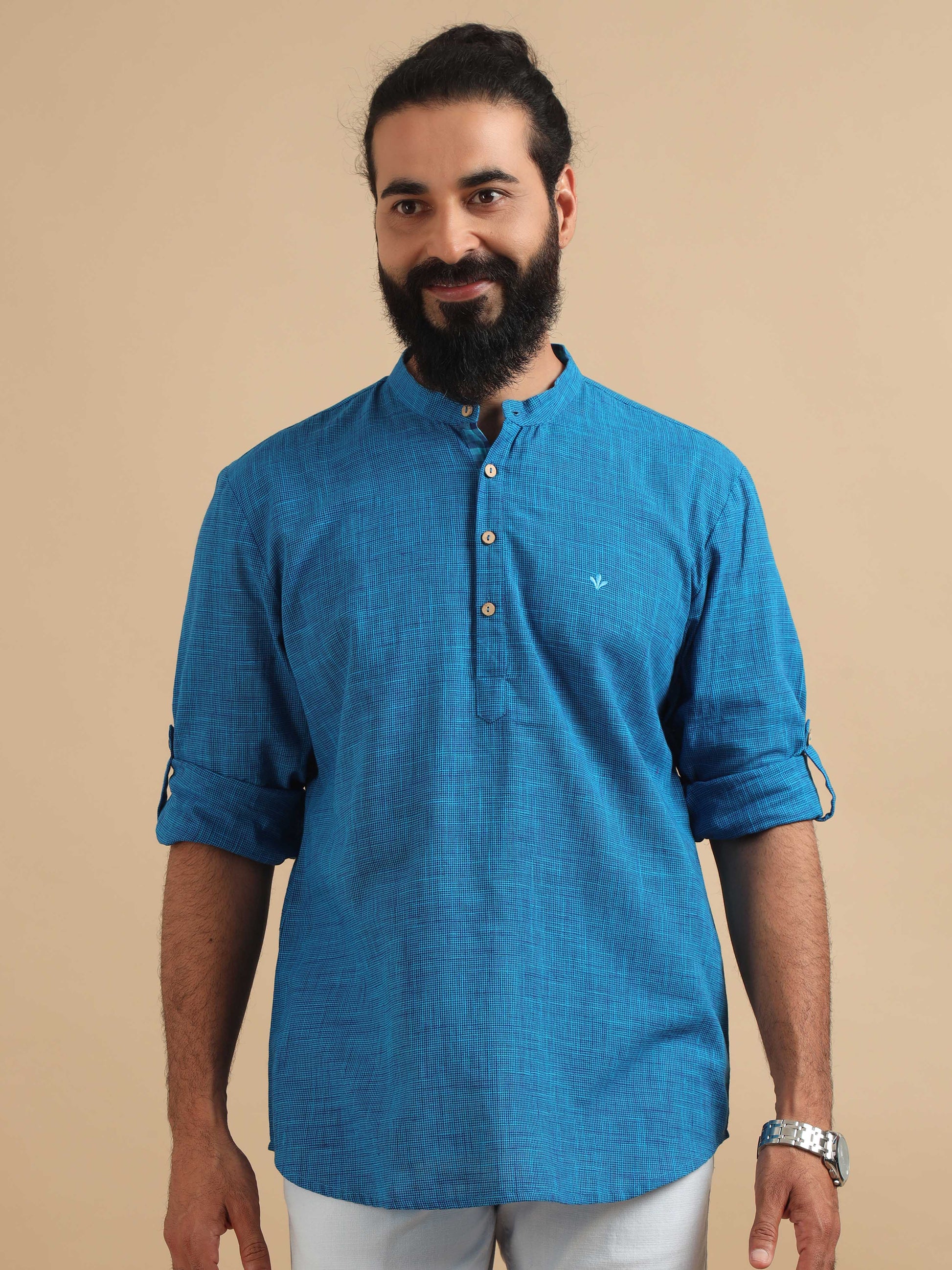 Royal Blue Cotton Short Kurta For Men