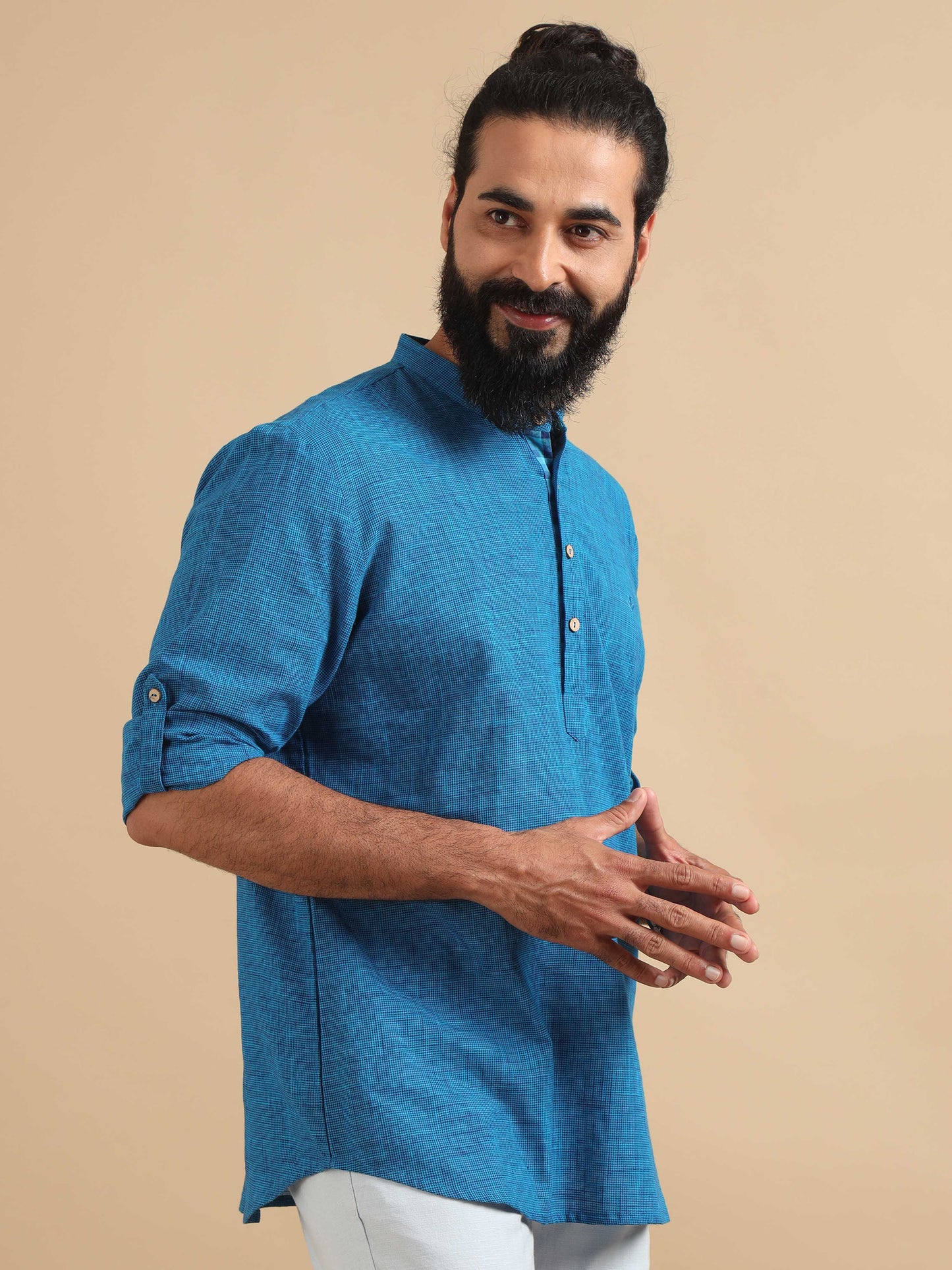 Royal Blue Cotton Short Kurta For Men