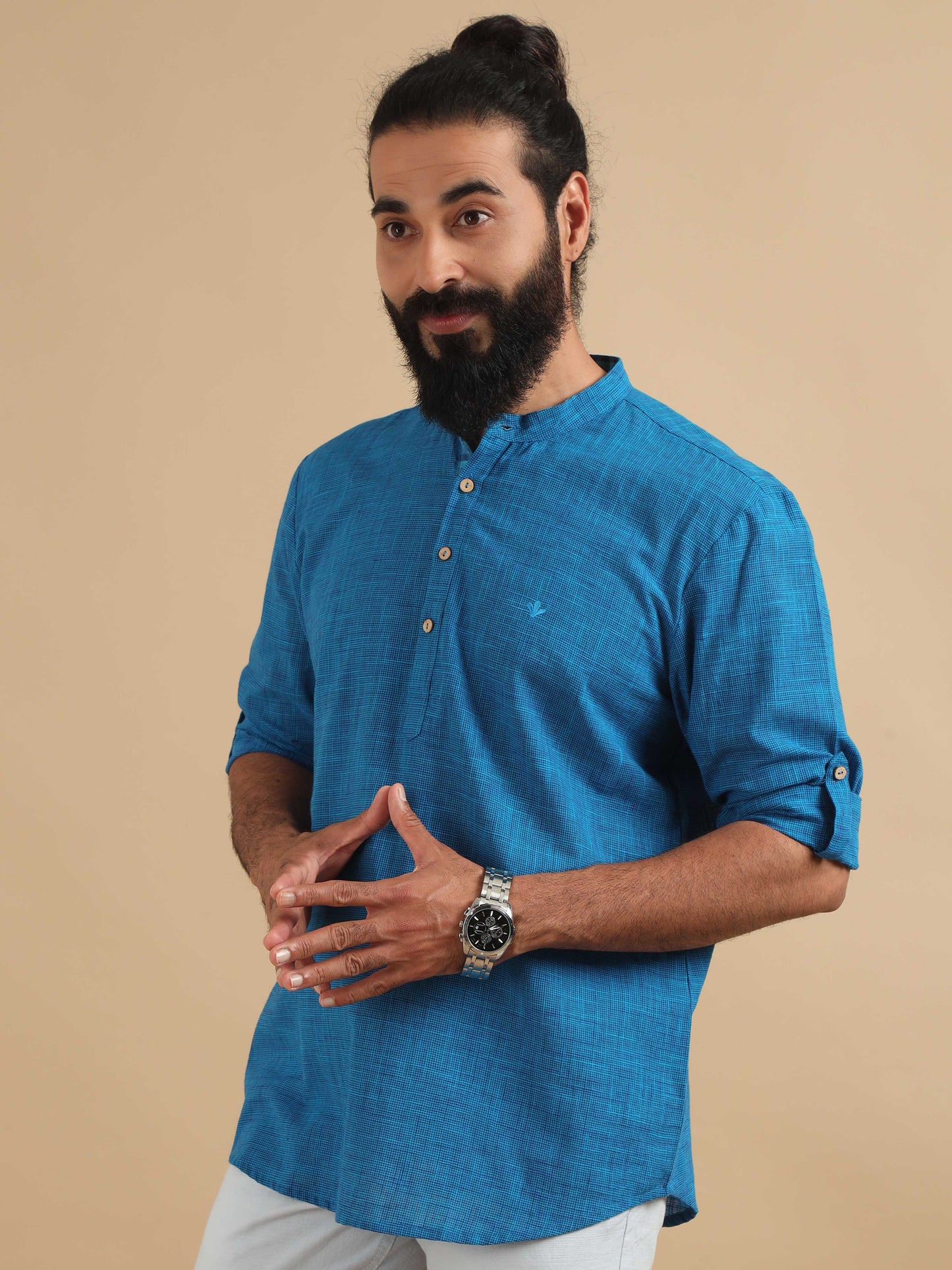 Royal Blue Cotton Short Kurta For Men