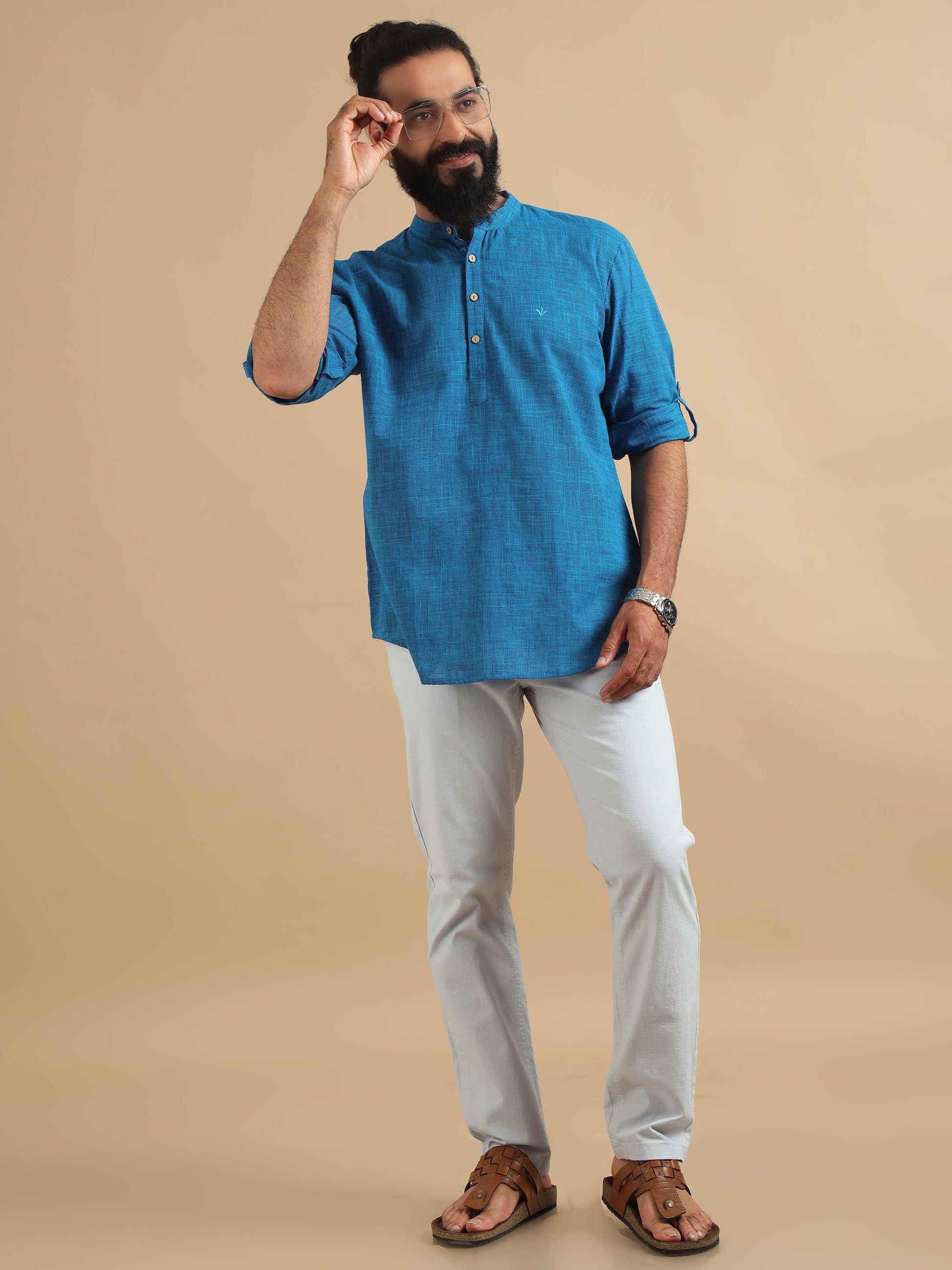 Royal Blue Cotton Short Kurta For Men