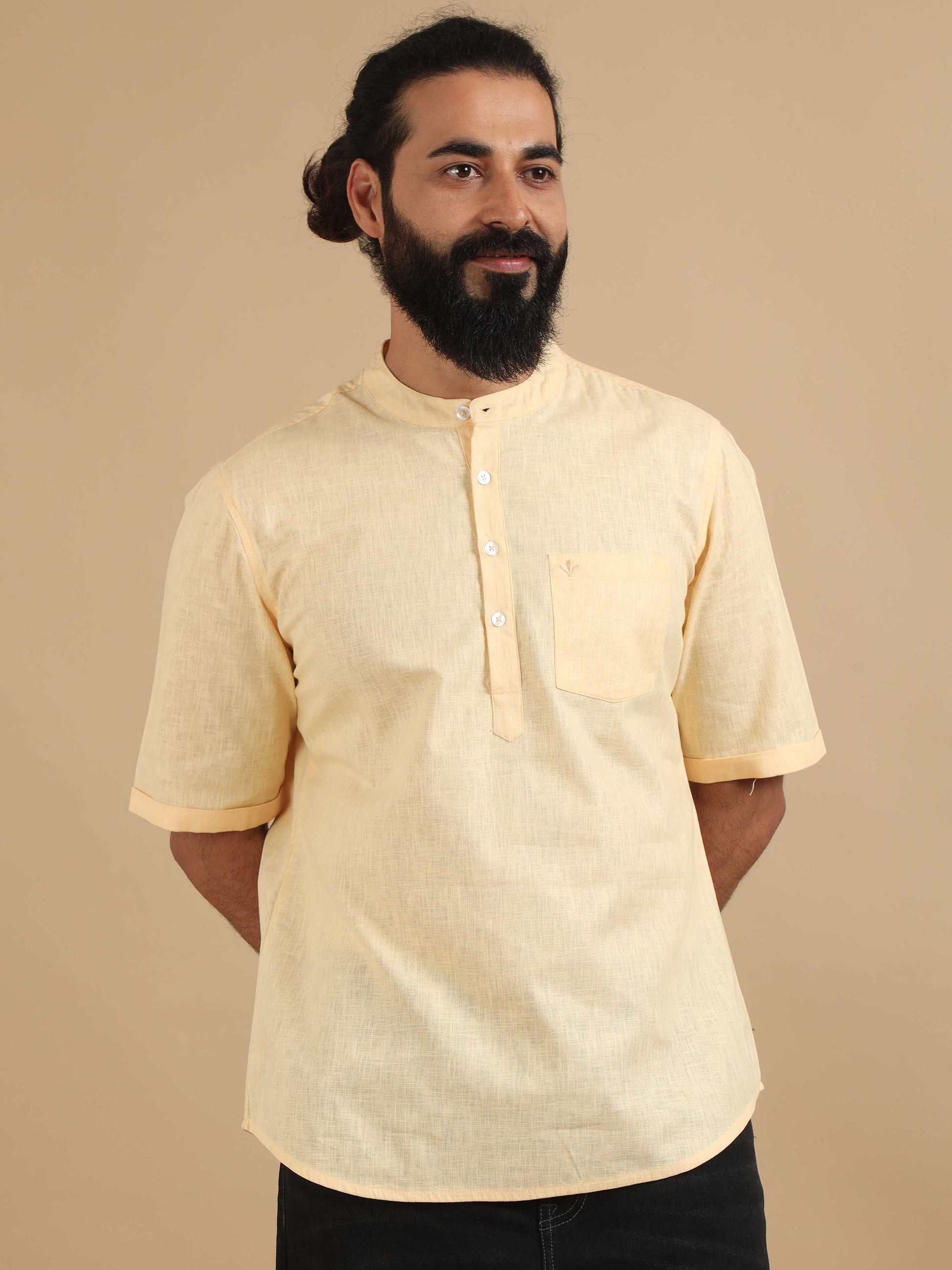 Lemon Yellow Cotton Short Kurta For Men