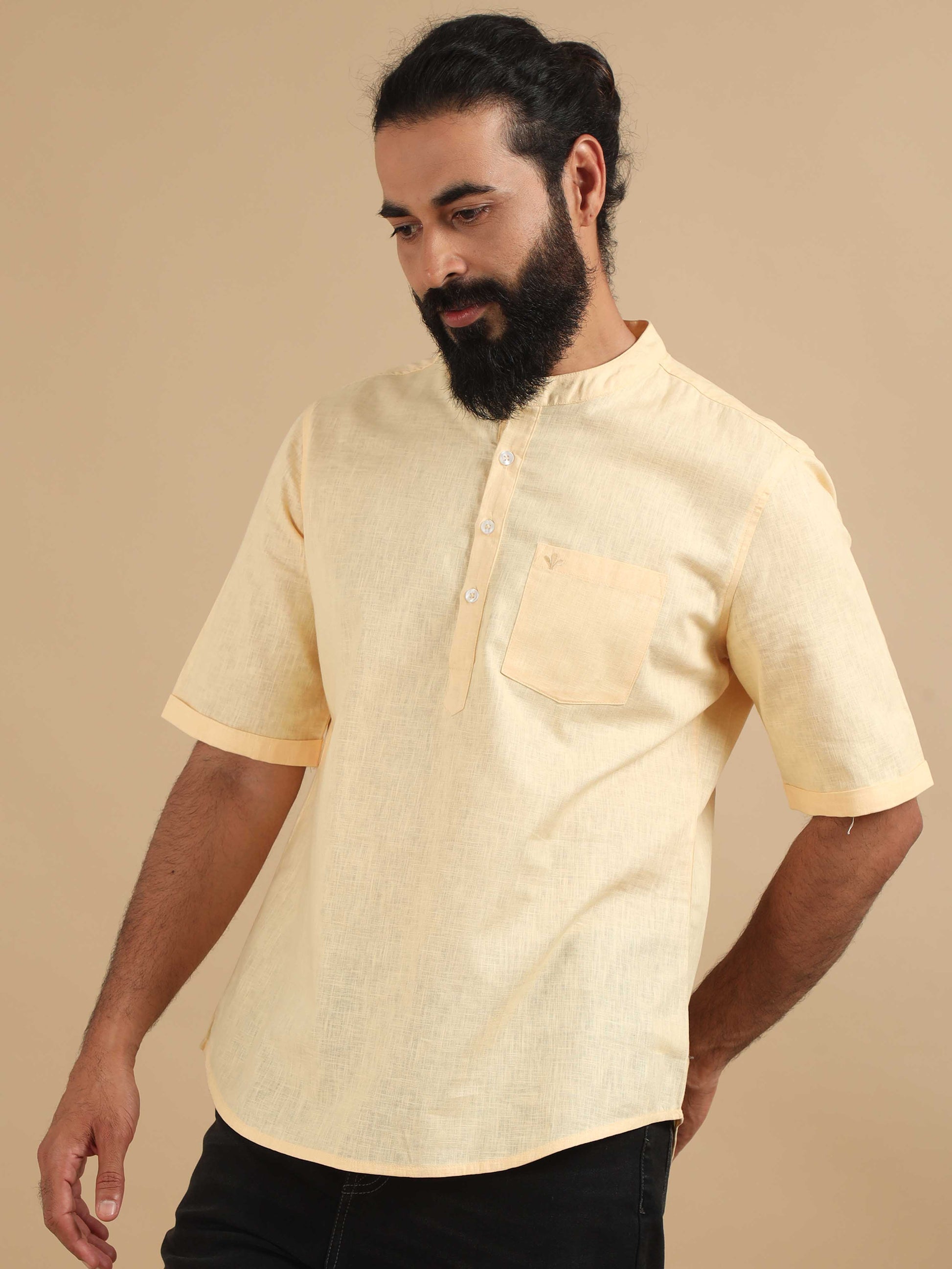 Lemon Yellow Cotton Short Kurta For Men