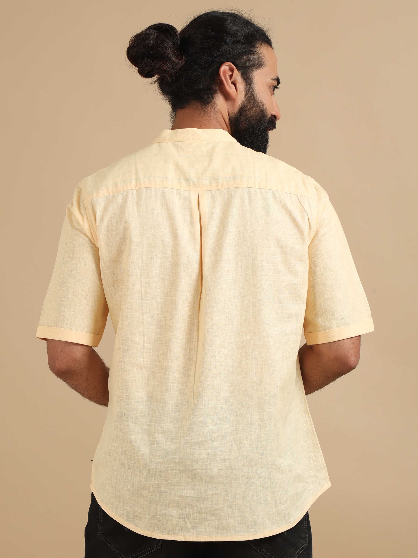 Lemon Yellow Cotton Short Kurta For Men