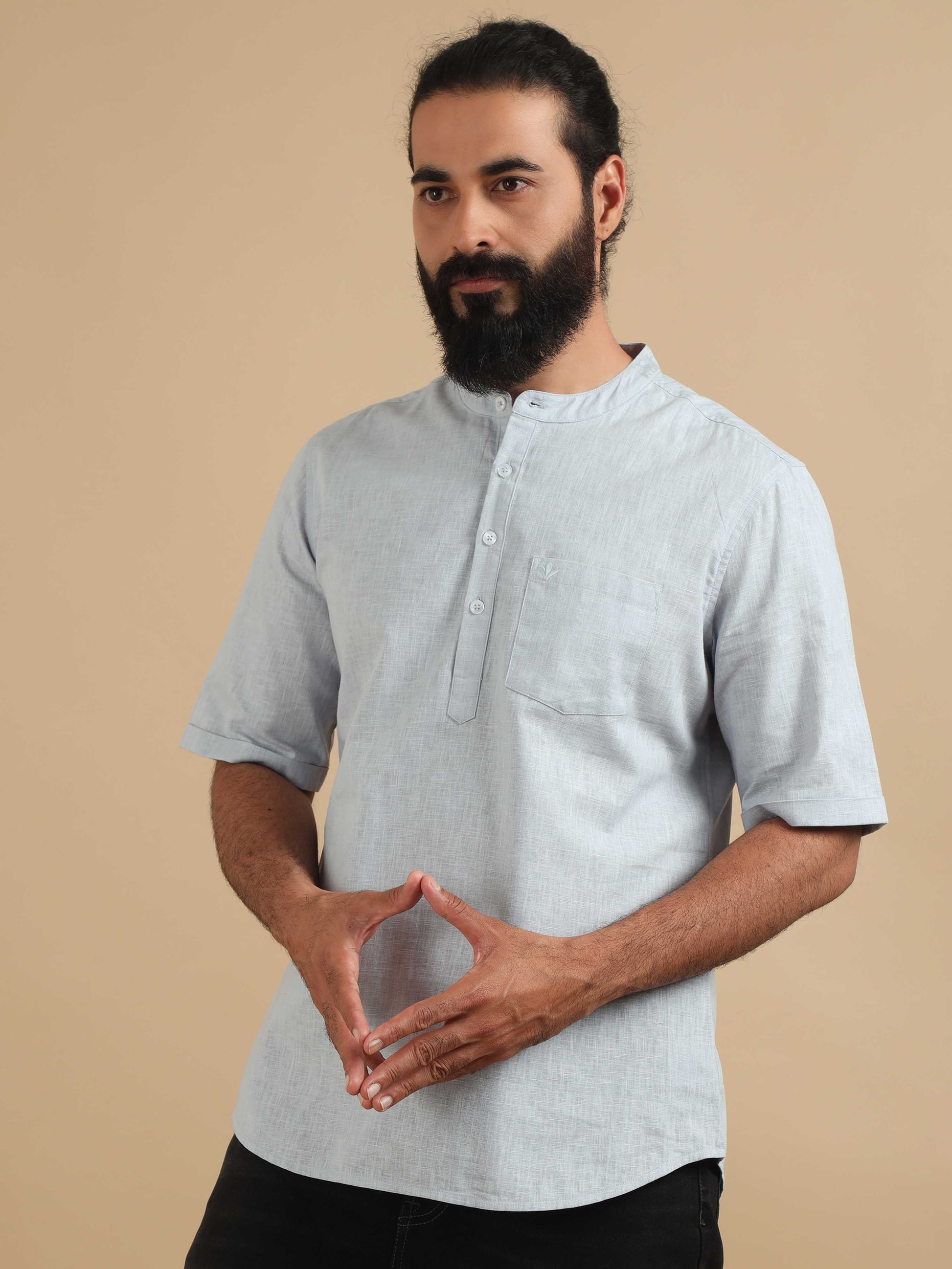 Moon Blue Cotton Short Kurta For Men