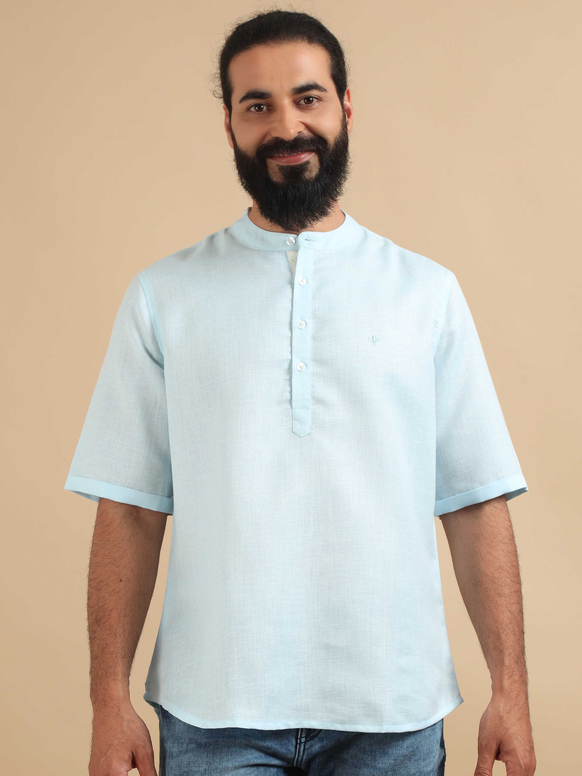 Powder Blue printed short kurta for mens