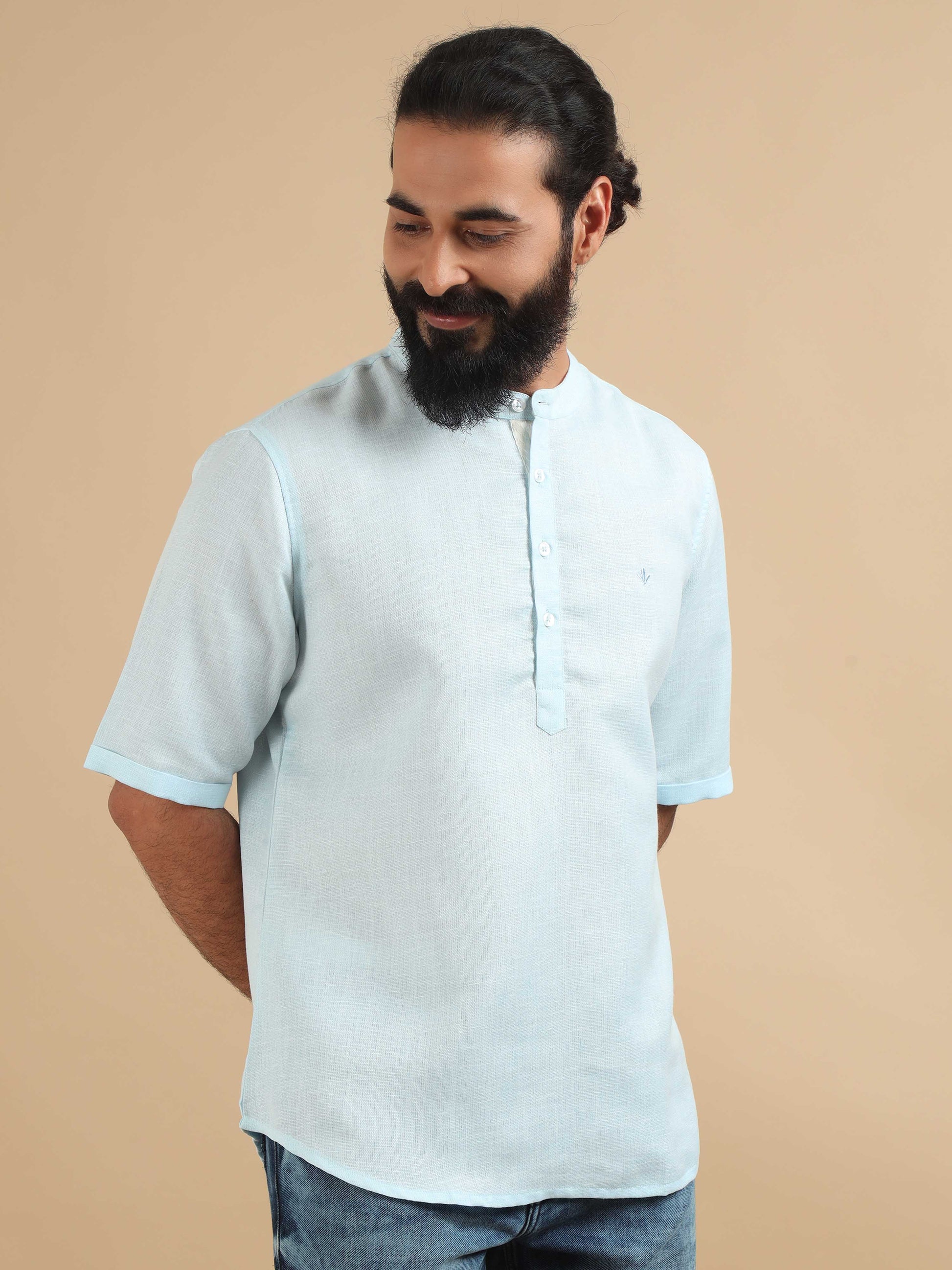 Powder Blue printed short kurta for mens