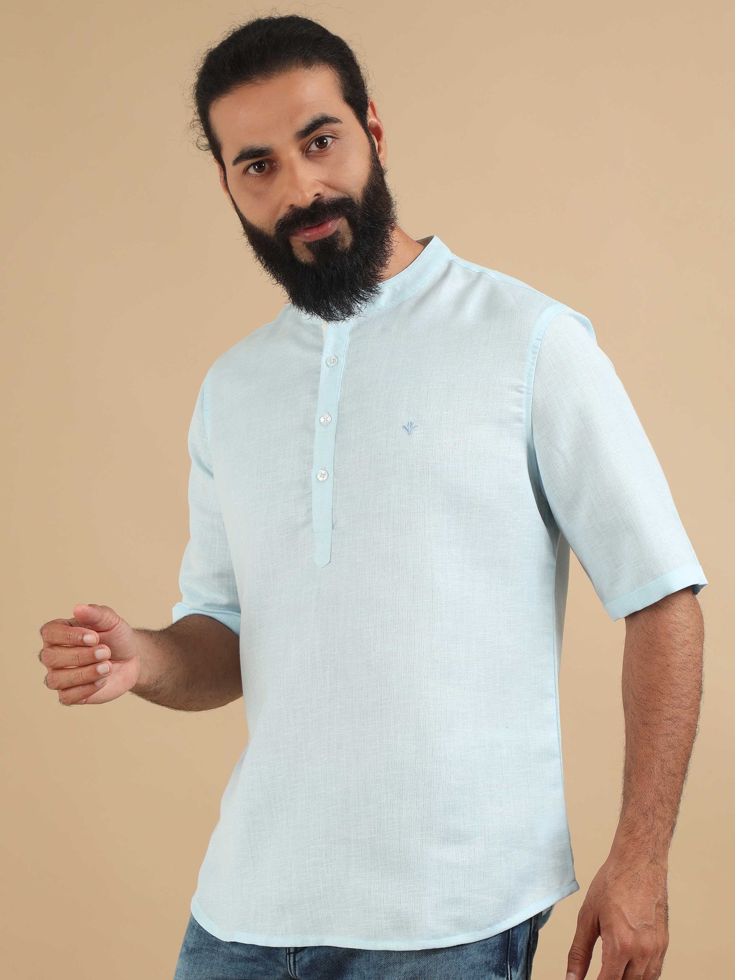 Powder Blue printed short kurta for mens