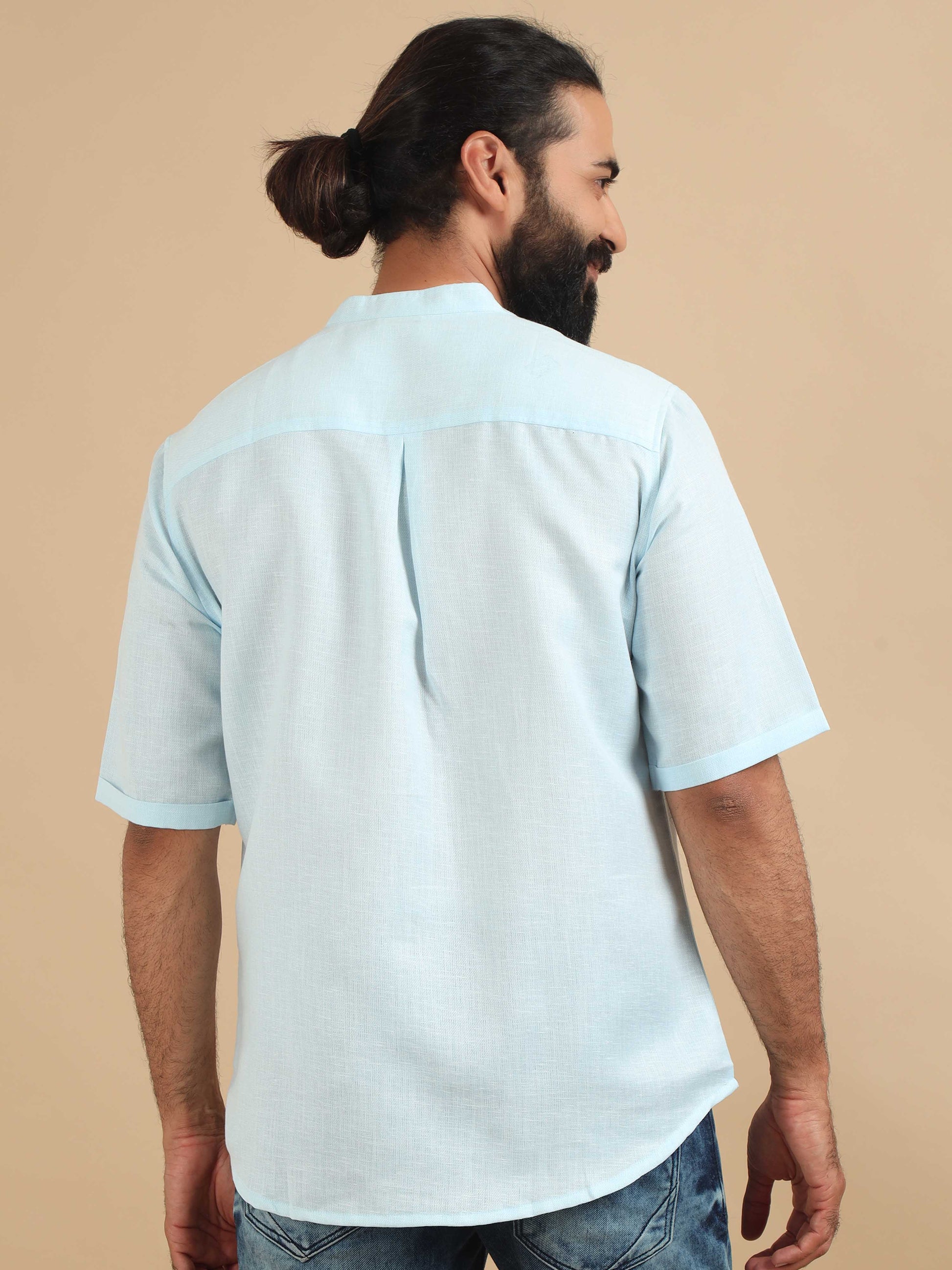 Powder Blue printed short kurta for mens