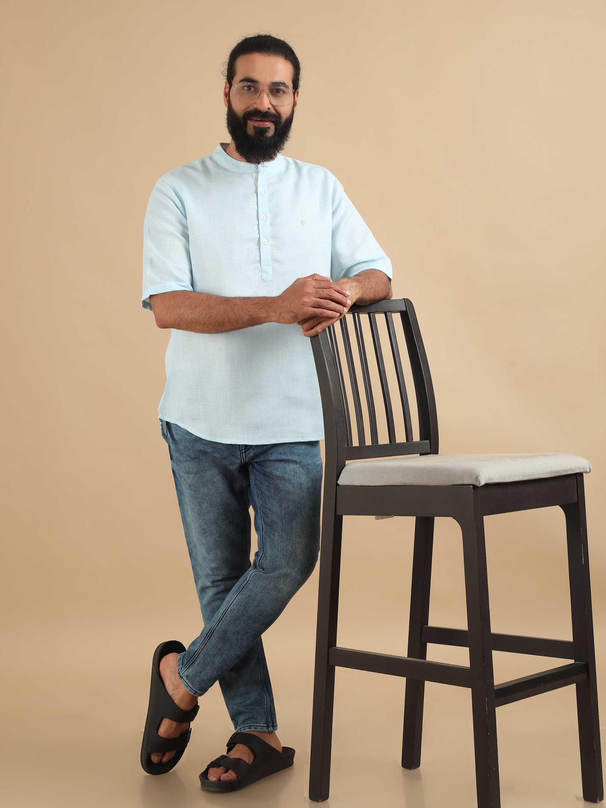 Powder Blue Printed Short Kurta for Men