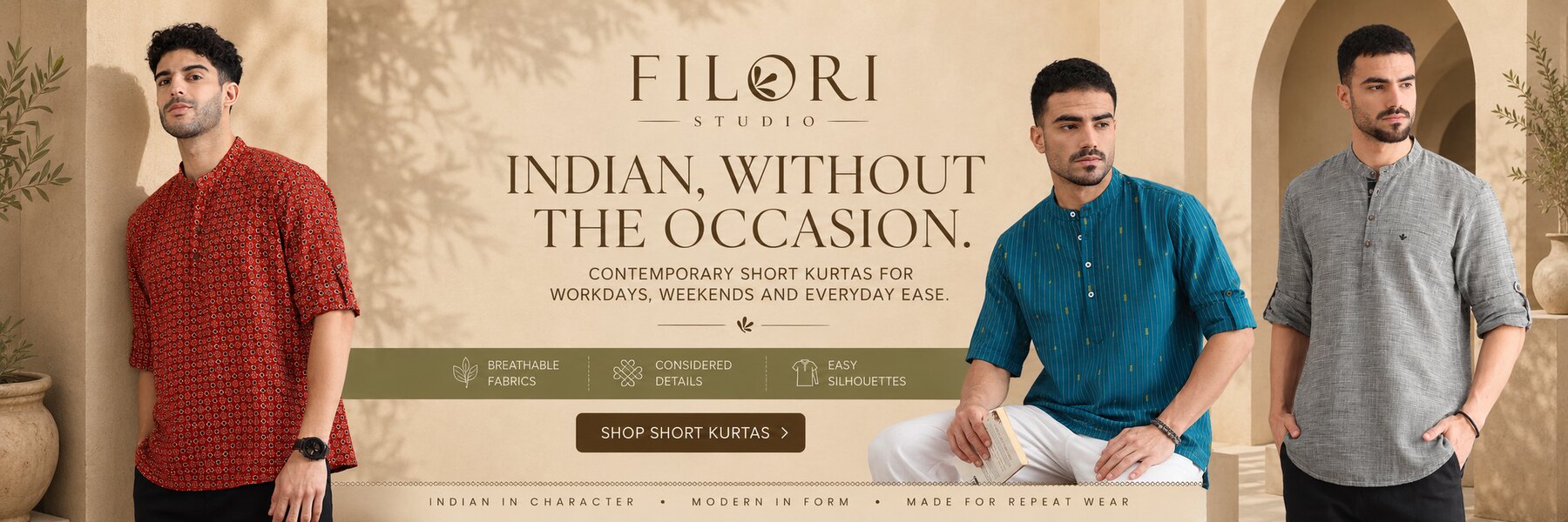 Three models wearing Filori Studio red, blue and grey contemporary short kurtas designed for everyday wear.