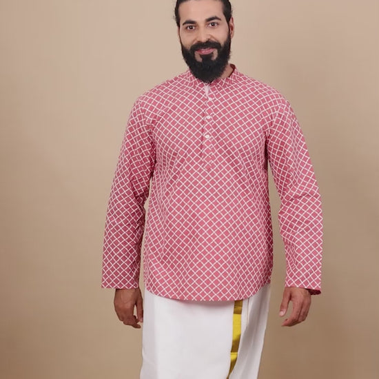 Peach and White short length kurta for man