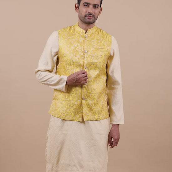 Yellow Brocade Nehru Jacket for Men