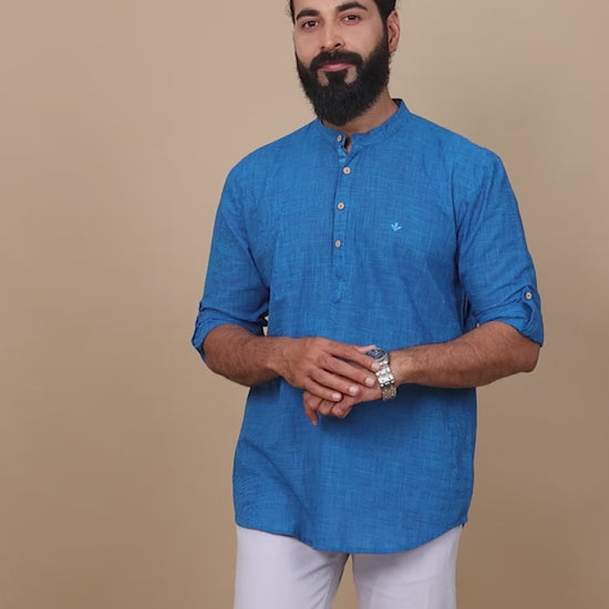 Royal Blue Cotton Short Kurta For Men