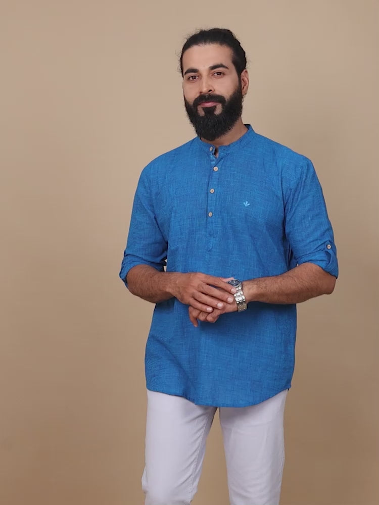 Royal Blue Cotton Short Kurta For Men