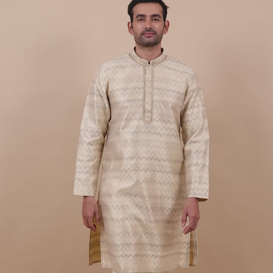 Beige and Grey Banarasi Brocade Long Kurta for Men