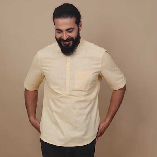 Lemon Yellow Cotton Short Kurta For Men