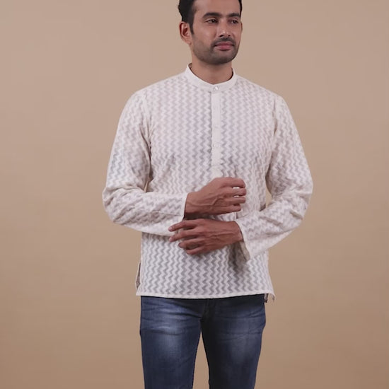 White Banarasi Short Kurta for Men